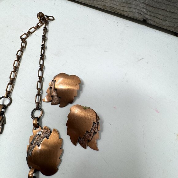 Vintage Copper Leaf Necklace & Earrings Bracelet Set With Art Deco-Inspired Desi - Picture 5 of 8
